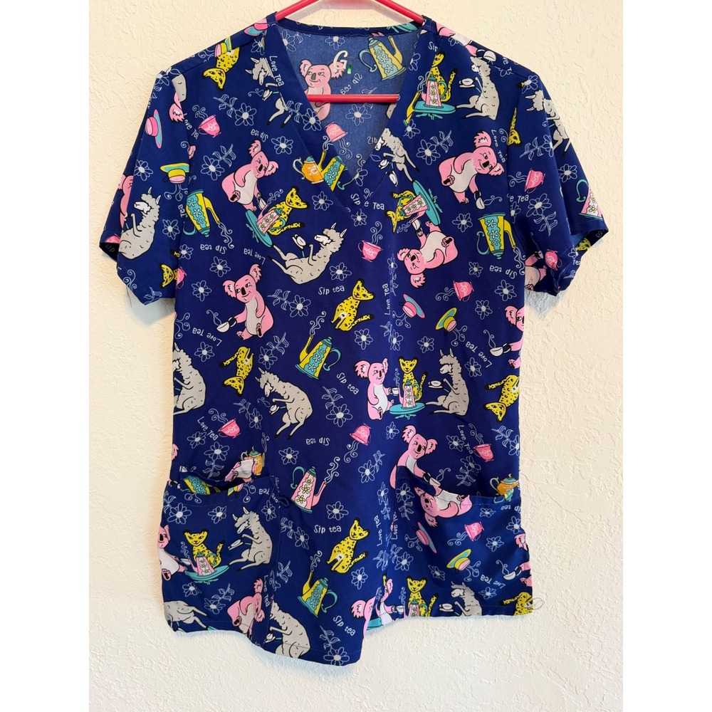 G-Line Love Tea Animal Print Scrub Top Blue V-Neck Koala Llama Cheetah Medium